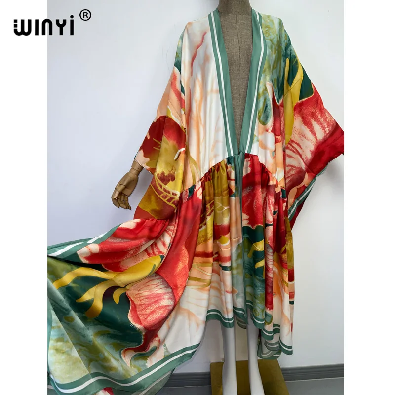 WINYI Kuwait Women free size cardigan stitch robe Cocktail sexy Boho Maxi African Holiday Batwing Sleeve Silk feeling kimono