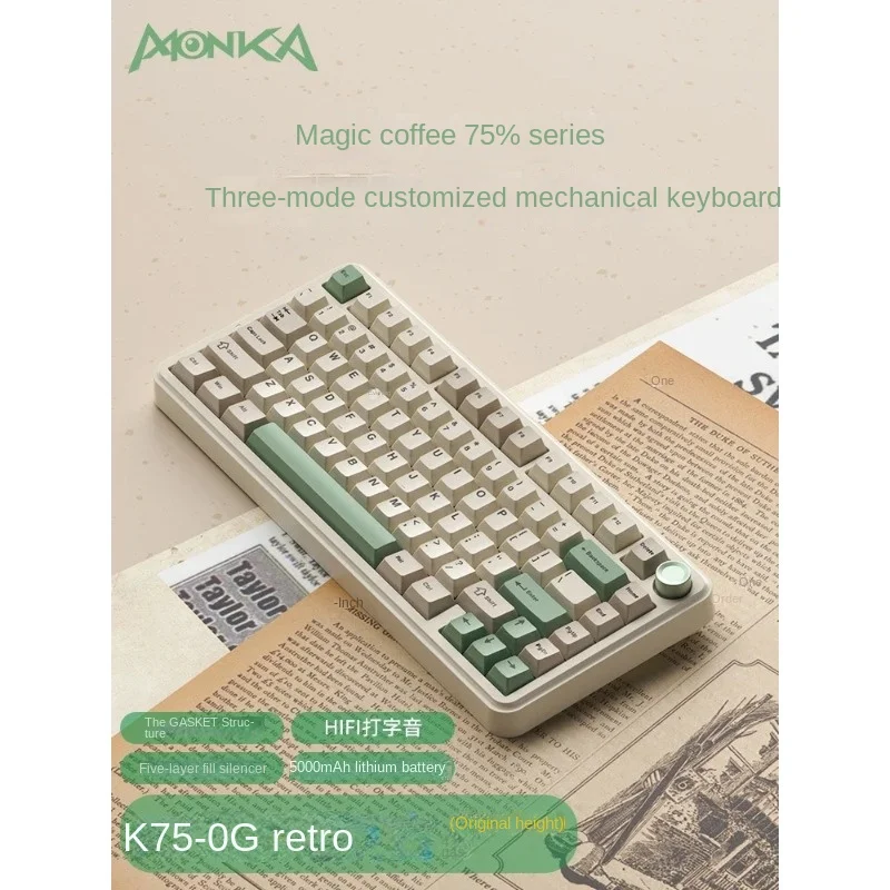 

MONKA K75 Retro Tri-mode Gasket Mechanical Keyboard Wireless Bluetooth 2.4g Customized Hot Swap Ergonomic Esports Gaming Office