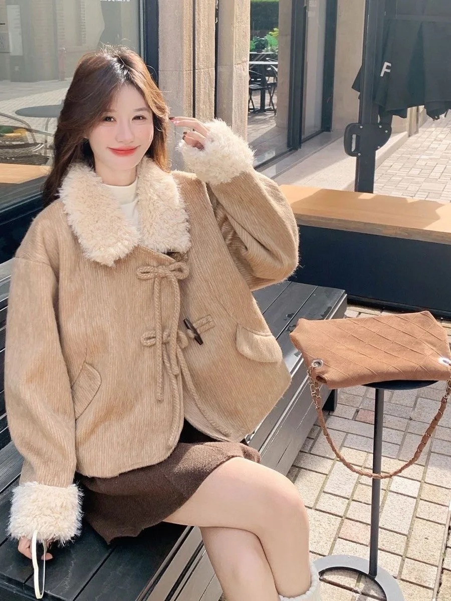 

Fur Collar ort Coat Women's Korean Sle eepskin New Year's Jaet Warm Thiened Autumn Winter Outerwear Commute Sle