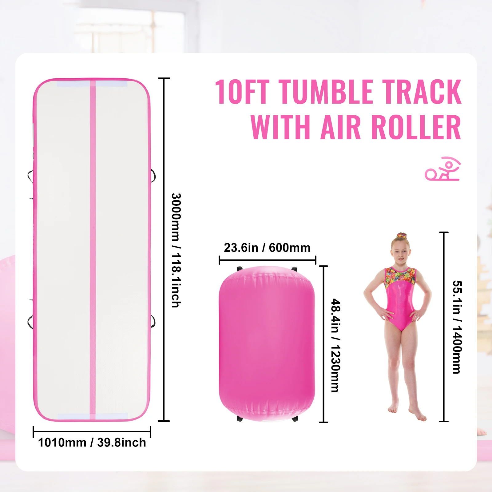 Inflatable Gymnastics Air Mat Set, 2 PCS Tumbling Mat, Tumble Track with Electric Pump, Air Roller Barrel Gymnastics Equipment, Training Mats for Home Use/Gym/Yoga/Cheerleading/Beach/Park/Water