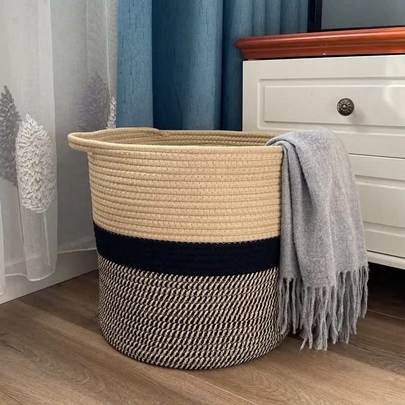 

Quality Cotton Rope Dirty Clothes Basket Japanese Round Woven Storage Sundries Organizer Room Flower Pot Decorative Large Size