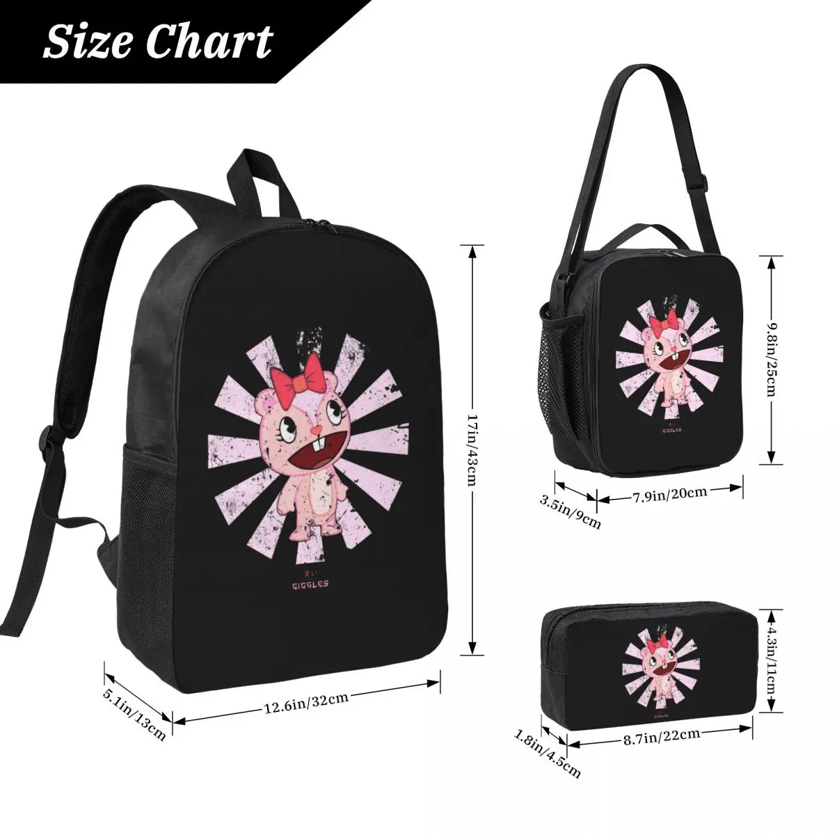 Giggles Japanese Happy Tree Friends Backpack BookBag School Bag Laptop Shoulder Bags 3ps Insulated Lunch Bag Pencil Case