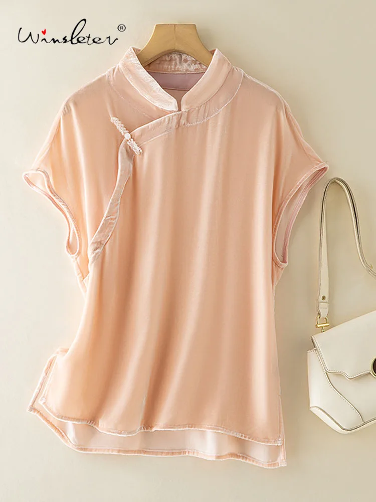 

Элегантная бархатная рубашка Winsleter-Bottom из 100% шелка, женская рубашка с короткими рукавами и пуговицами-стойкой, блузка в стиле ретро, осенняя новинка 20237CC