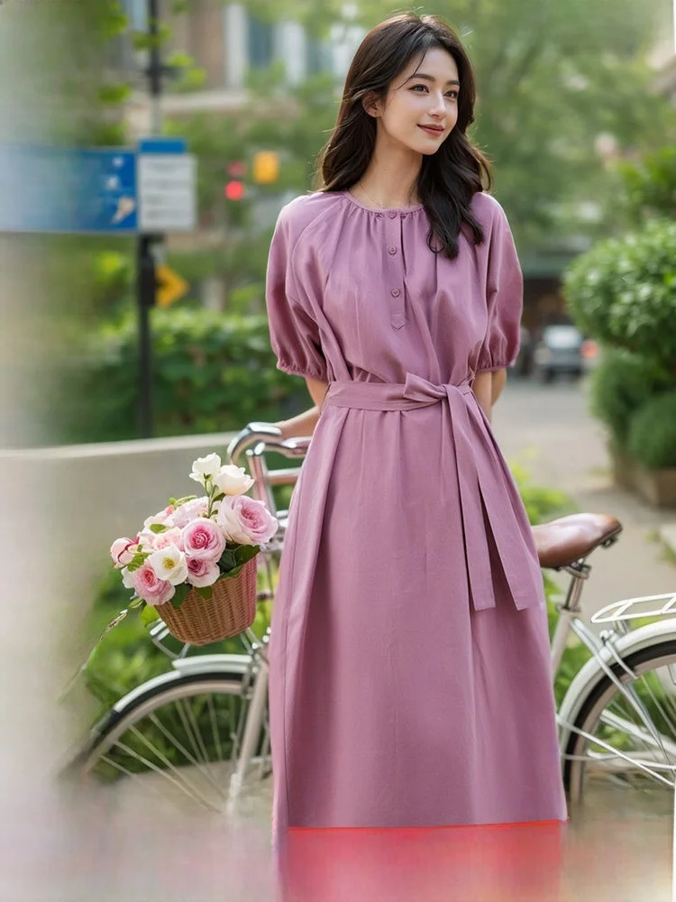 

Elegant Pink Summer Shirt Dress Women's Slimming A-Line Long Dress Gentle Style Cotton Breathable Short Sleeve round Neck