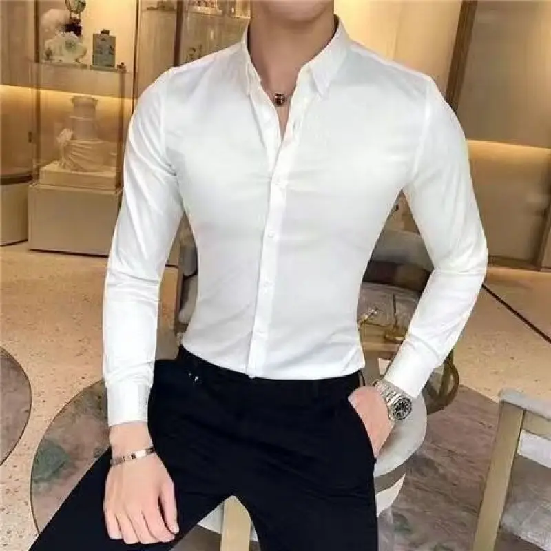 2023 Spring and Autumn Fashion Trend Simple Polo Collar Single Breasted Slim Fit Long Sleeve Shirt Solid Color Versatile Shirt