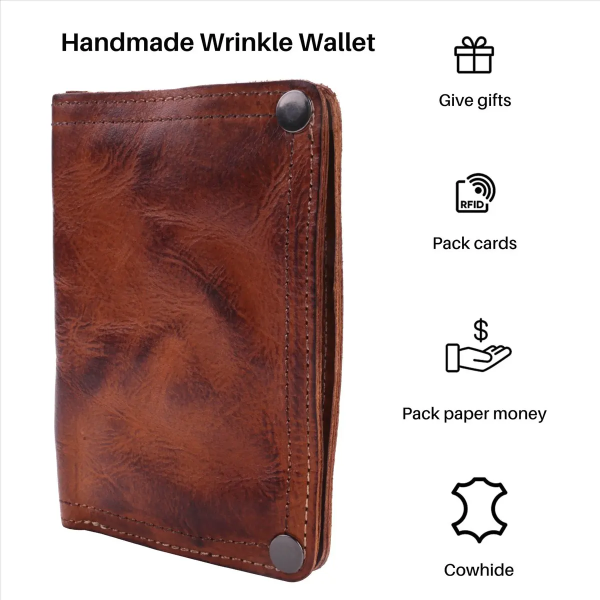 ABQR portefeuille anti-rides fait à la main, portefeuilles pour hommes en cuir de vache, pinces à billets en cuir rétro, porte-carte Crazy Horse, marron clair