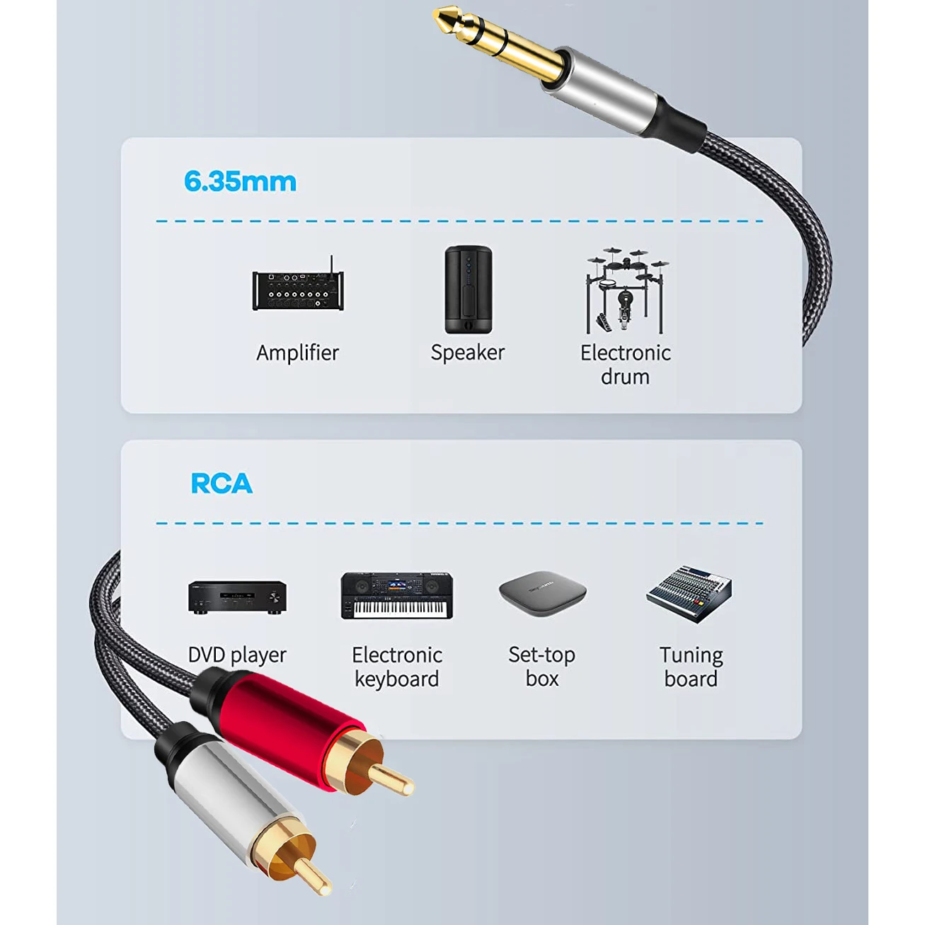 Pozłacana Cal 1/4 do podwójnej wkładki RCA złącze kabla Audio 6.35mm męskie gniazdo TRS do 2 RCA Stereo kabel rozgałęziający