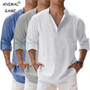 Camisas leves masculinas de manga comprida, camisas de linho de algodão henley para homens, camisas havaianas de praia, gola respirável 10 principais vendas camisa henley manga longa - №3