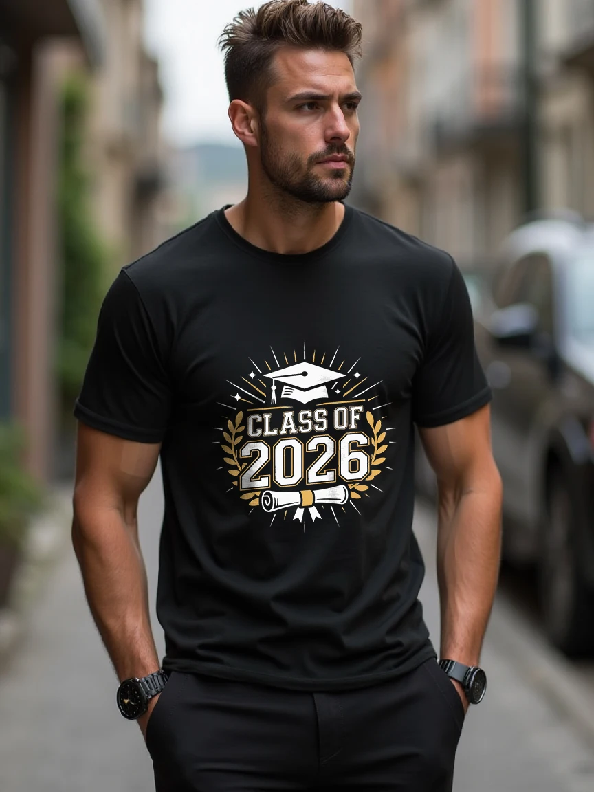 2024 Men's Short-Sleeved T-Shirt, Exclusive for Graduation Season, Class of 2026 Pattern, Fashionable and Versatile, Showcasing Youthful Vitality, European and American Style Trendy Item