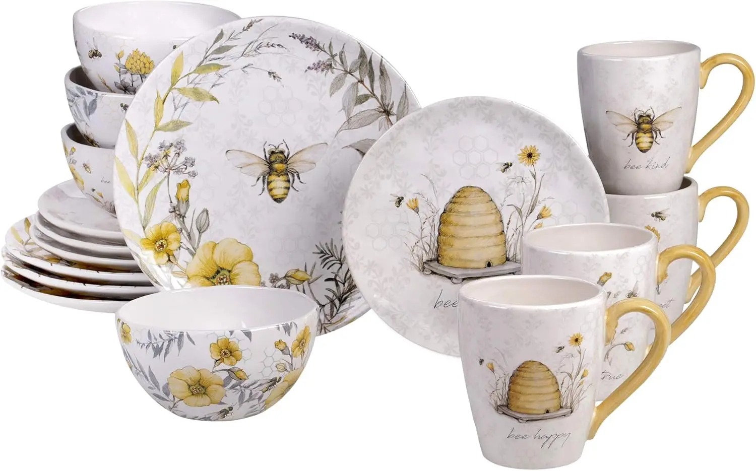 

Bee Sweet 16-Piece Ceramic Dinnerware Set – Service for 4, Farmhouse Bee and Floral Design, Includes 4 Dinner Plates, 4 Salad Pl