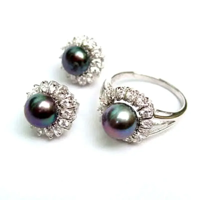 

Noblest Silver Natural black akoya pearl Ring + Earrings AAA Grade