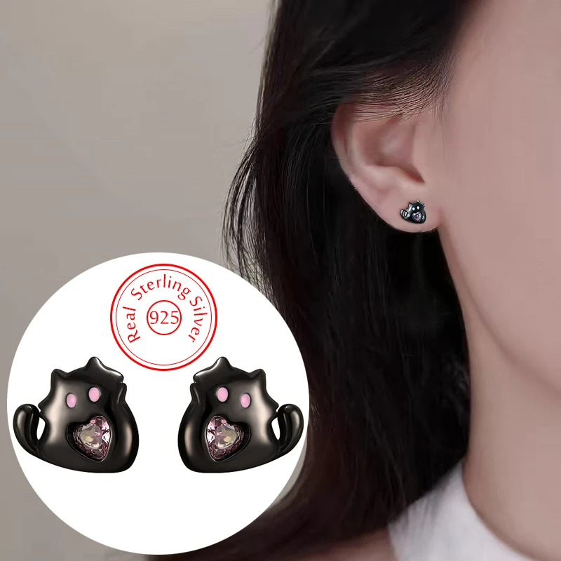 

Genuine 925 Sterling Silver Jewelry Fashion New Crystal Cute Cat Stud Earrings For Woman XY0593