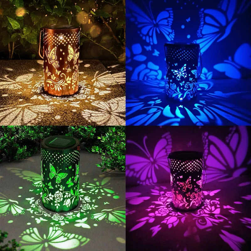 Solar Powered Butterfly LED Lantern Outdoor Hanging Light with On/Off Switch Metal Decorative Lights for Garden Yard Porch Lawn