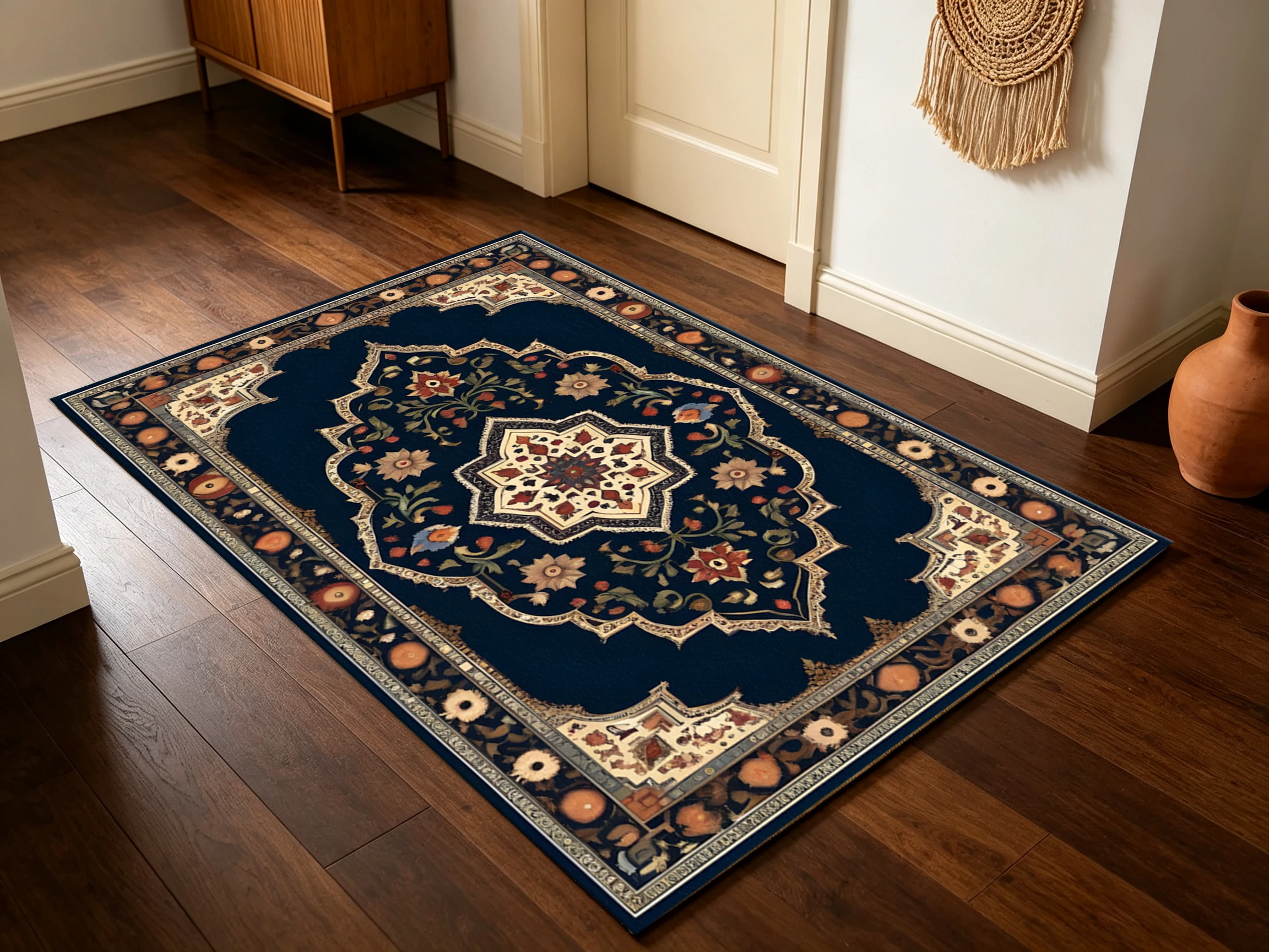 2D Large Rug with Retro Persian Star Flower and Intertwined Branch Pattern, a Light Luxury Exotic Style, Instantly Refreshes the Autumn and Winter Decor for the Living Room, Bedroom, and Coffee Table Area