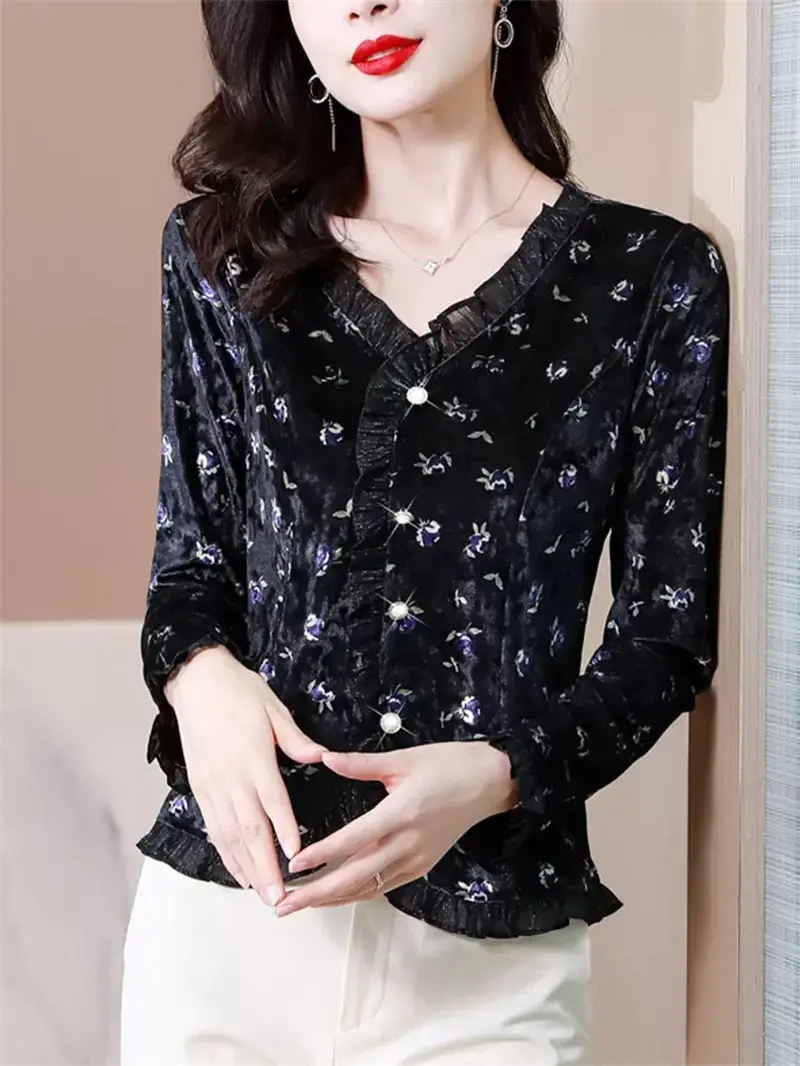 Women's Long Sleeve Velvet Blouse Fashionable Shirt V-Neck Retro Printed Short Tops Spring Autumn 2024 Z048