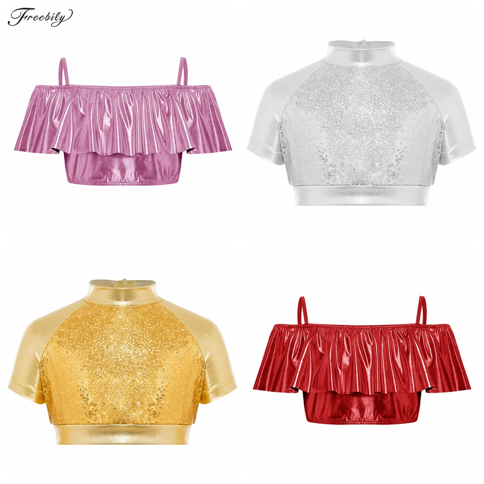 

Kids Metallic Dance Top Disco Outfit 70s Disco Costume Girls Short Sleeve T-shirt Sequins Crop Top Hip Hop Jazz Dance Costume