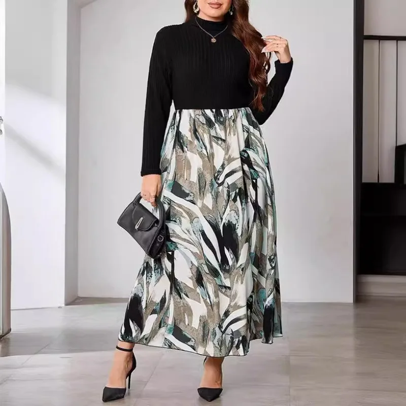 Plus Size Dress High Collar Patchwork Printed Long Sleeves Fashion Skinny A-line Skirt Autumn Winter Temperament Commuting Frock