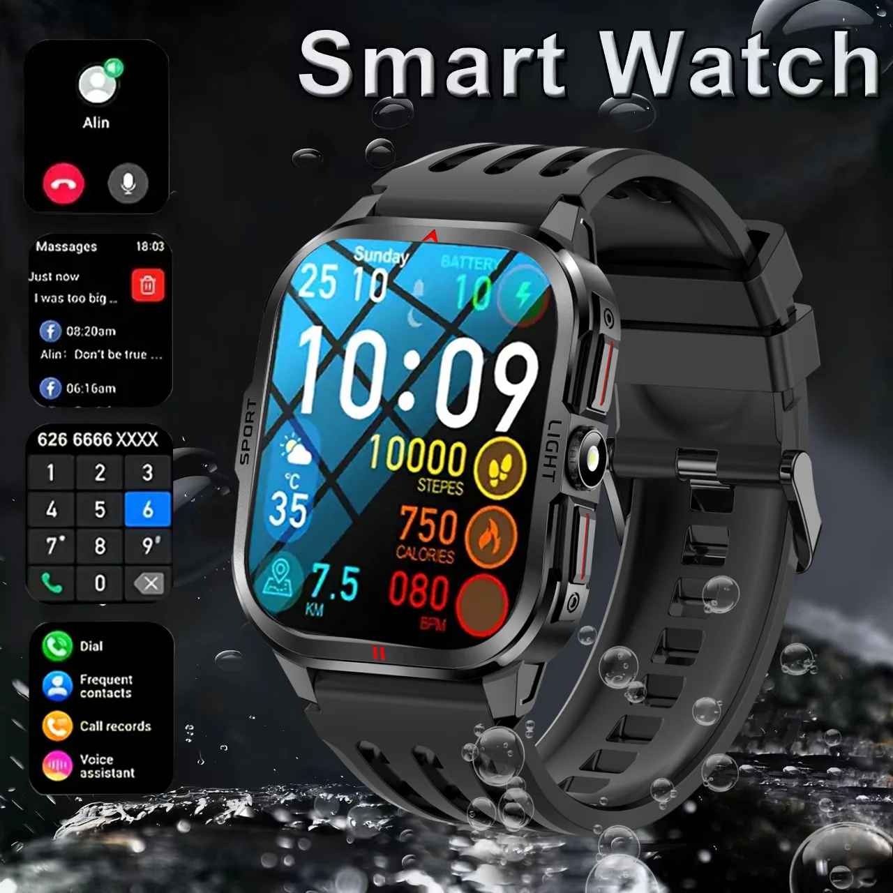 

2025 Новые спортивные умные часы для мужчин, 2,01 дюйма, AMOLED-экран, 3 атм, водонепроницаемый фонарик, 400 мАч, аккумулятор, Bluetooth, умные часы с вызовом