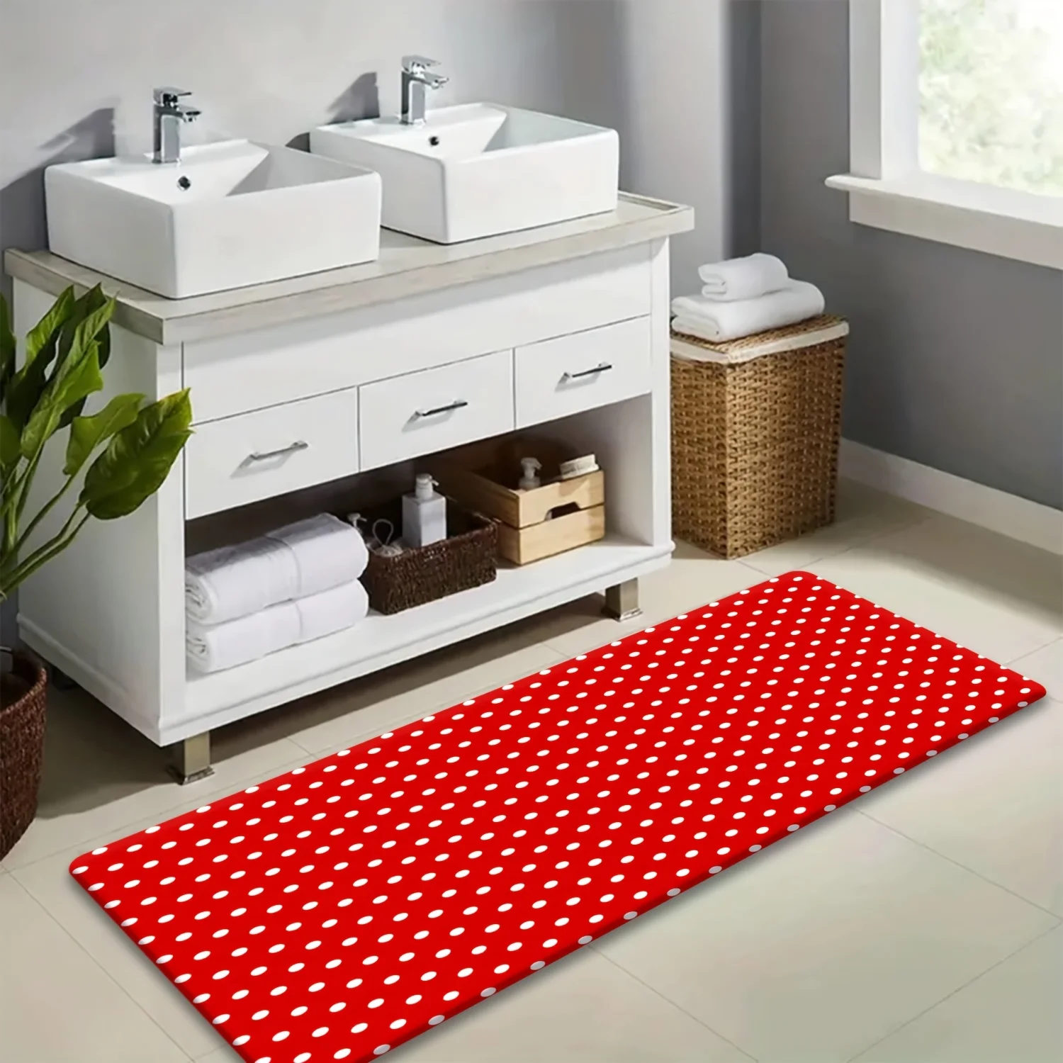 1pc 100% Polyester Red White Polka Dot Long Strip Mat, Soft Non-Slip Machine Washable Non-Fading, Suitable for Kitchen, Hallwa