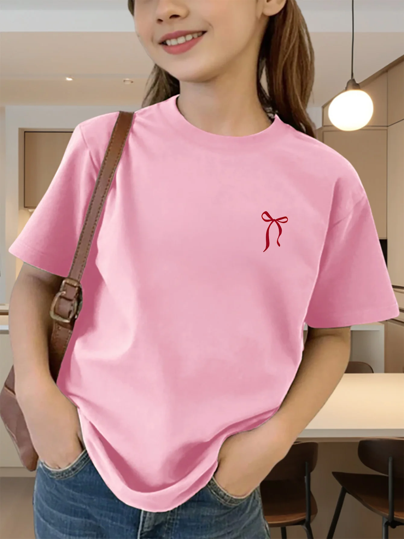 Cute Small Red Bow Minimal Pocket Graphic Kids Tee Boys Girls Family Matching Cotton Crew Neck Short Sleeve Soft Summer Tee