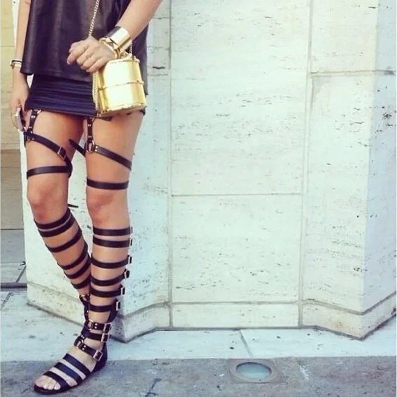 Rome Style Gladiator Sandal Boot Black Gold Leather Buckle Strap Flat Tight High Boots Cut-out Hollow Street Shoes