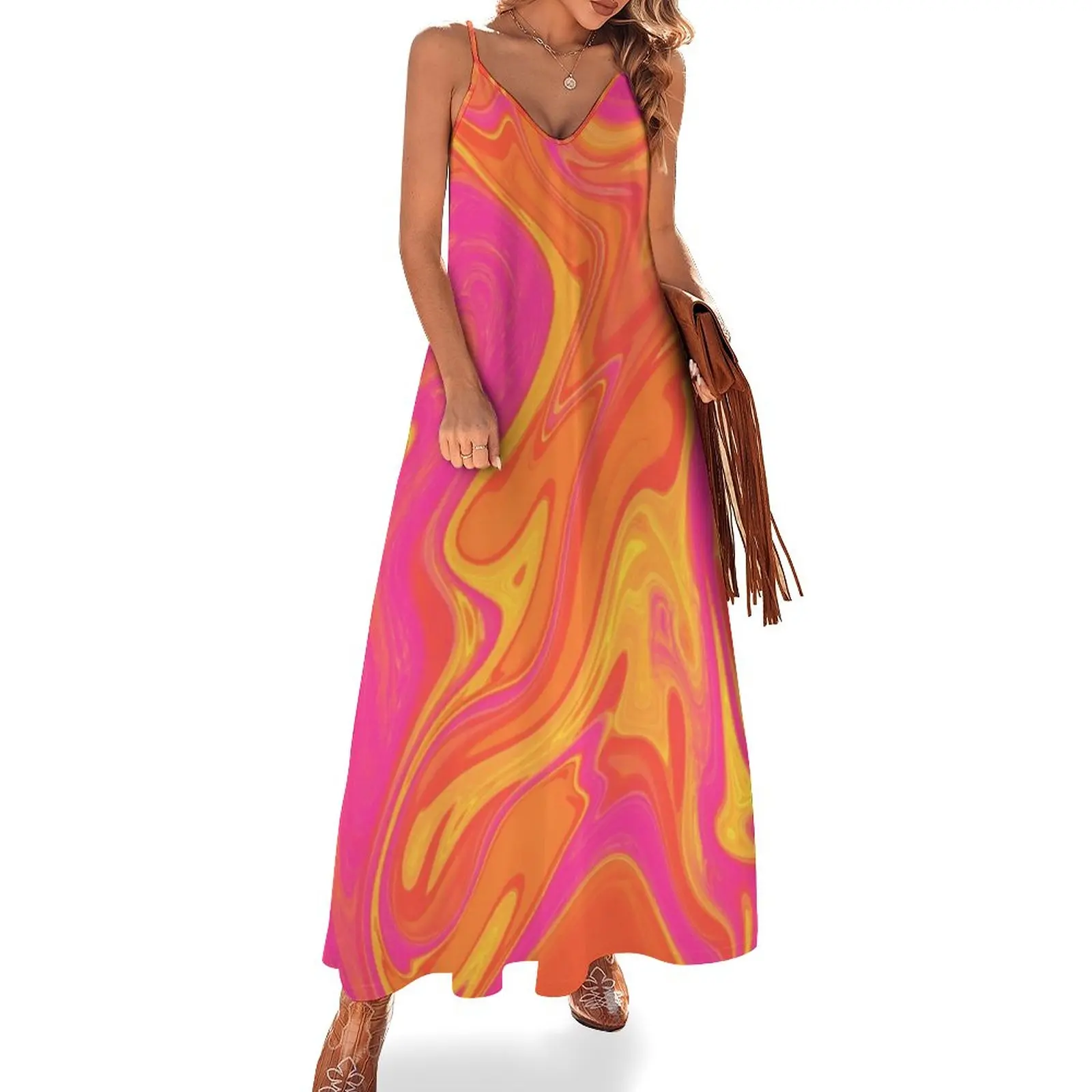 

Orange and Pink swirl Sleeveless Dress summer women's dress 2024 women's summer jumpsuit dress for women summer