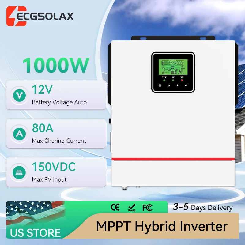 ECGSOLAX 1000W Hybrid Solar Inversor 12V DC To AC230V Off-Grid Pure Sine Wave MPPT 80A Solar Charger Max PV 150V