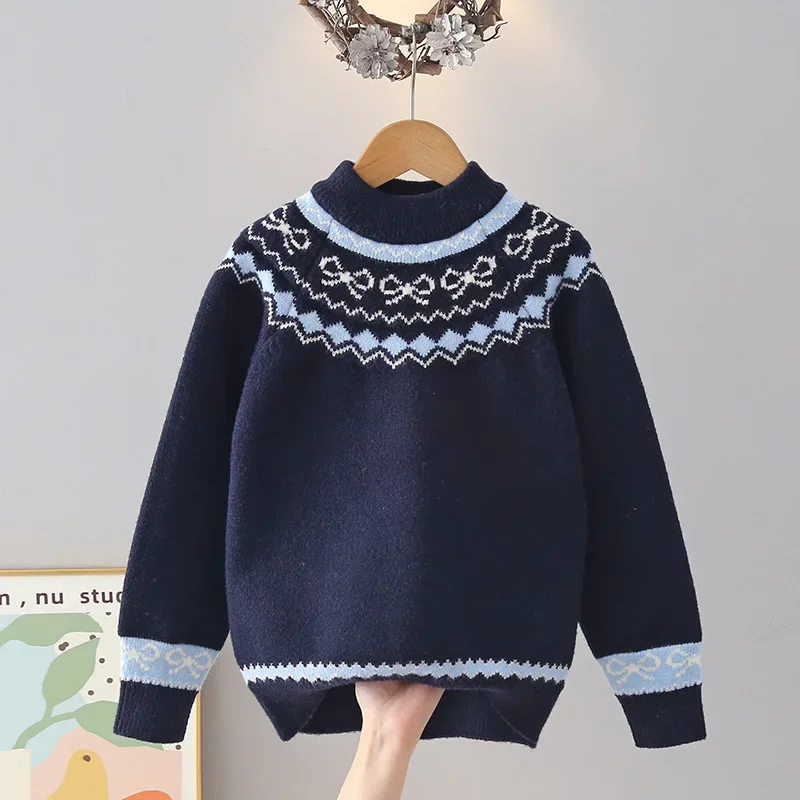 Fleece-Lined Winter Sweater for ChildrenToddler Base Layer Top New Kids Crew Neck Thick Sweater Girls Fashion Gradient Knit Top
