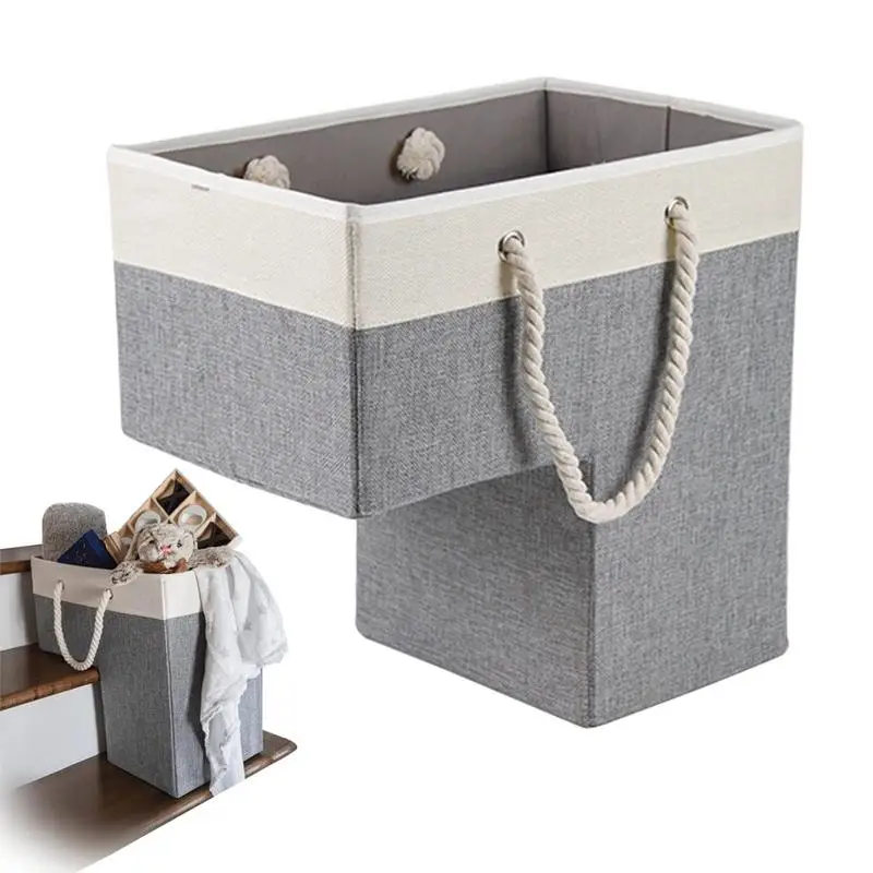 Foldable Stair Basket Portable Cotton Rope Handle Heavy Duty Fabric Carpeted Wooden Staircase Storage Organizer Step Basket