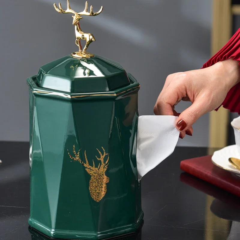 Household Dark Green Tissue Box Ornaments with Lid European-style Napkin Holder Living Room Coffee Table Light Luxury Pumping