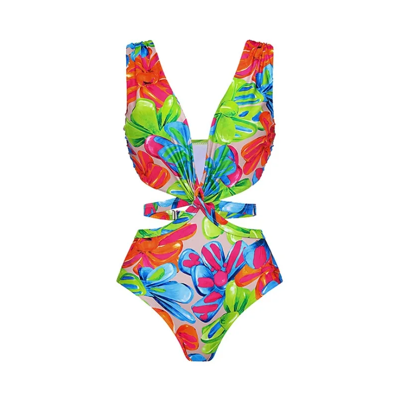 Floral One-Piece Women's Swimwear Multicolour Deep V Hollow Print Bikini Set Beach Vacation Style Maxi Dress Skirt