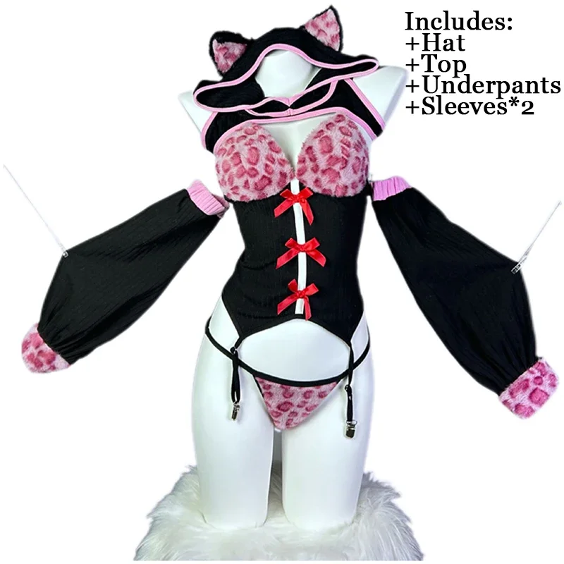 

Anime Sweet Cat Girl Cosplay Uniform Leopard Design Outfits Cute Ears Hooded Short Vest Halloween Carnival Party Outfits Costume