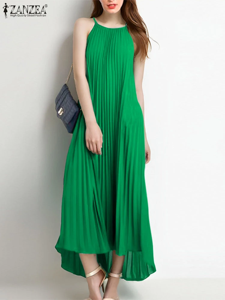 ZANZEA 2025 Vestidos plisados de verano, vestido largo liso sexi, batas sin mangas con tirantes a la moda, Vestidos largos Vintage con dobladillo Irregular