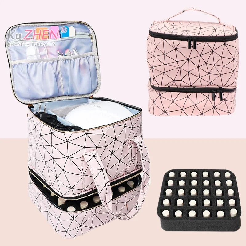 PU Leather Nail Polish Carrying Case Cosmetic Portable Large Handbag Storage Bag Sections Nail Kit Organizer Holds 30+ Bottles