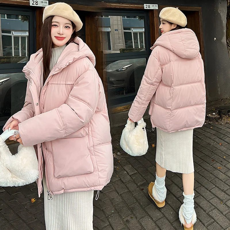 

Women Thick Parkas Zipper Button Hooded Coat Loose Solid Jackets Pockets Jacket Elegant Lady Casual Warm Autumn Winter 2025