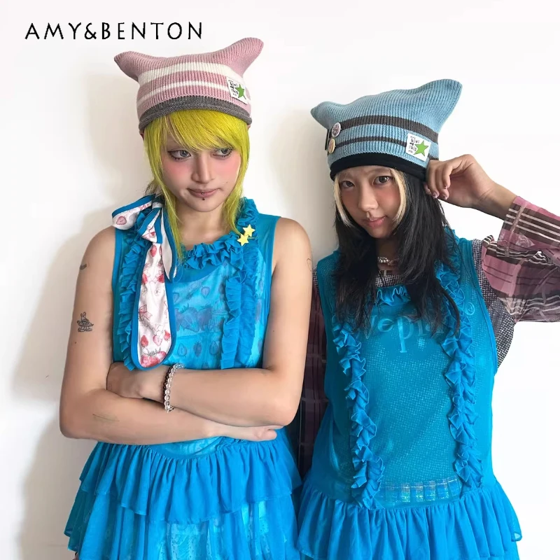 

Original Design Striped Splicing Women's Knitted Hat 2025 Spring Autumn New Sweet Cool Cute Y2k Hot Girl Versatile Hats Ladies