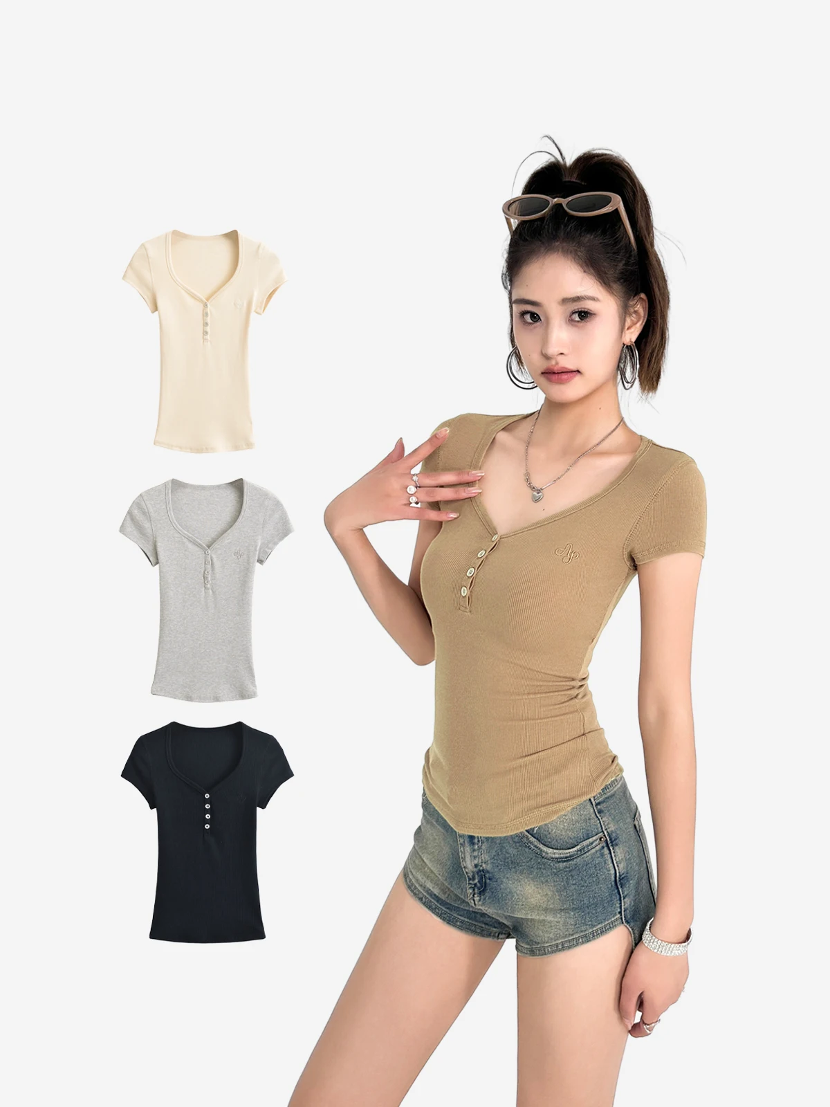 American Style Retro V-neck Short Sleeve T-shirt 2024 Summer Single-breasted Elastic Slim Straight Shoulder Threaded Top D572