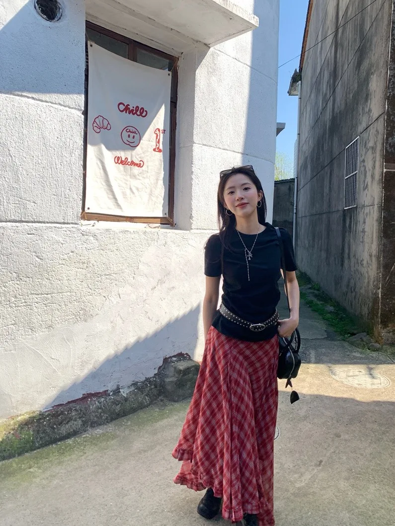 

Весенняя юбка-трапеция с высокой талией для женщин, в клетку, с узором под дерево, асимметричная, с эффектом «рыбий хвост», универсальная, средней длины