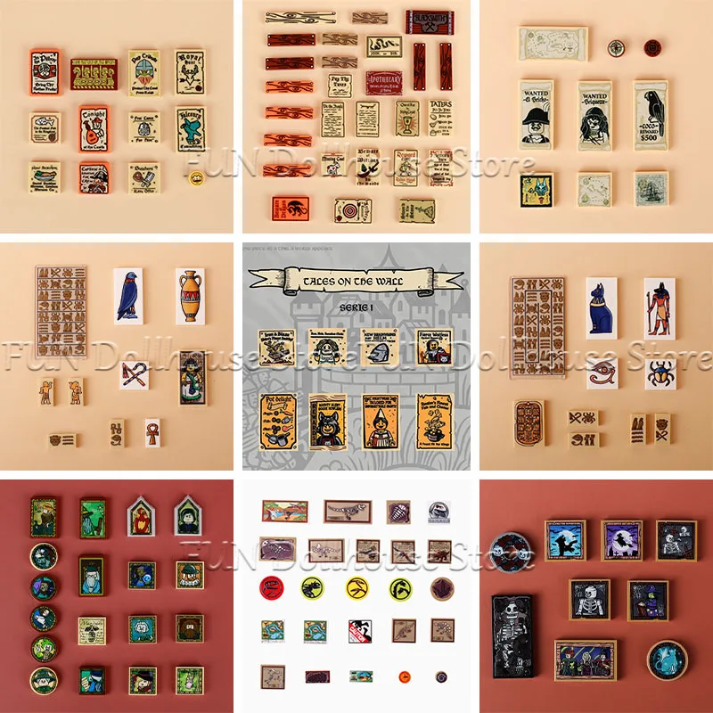 MOC Individuell Bedruckte Fliesen Mittelalterliches Poster Bausteine Militärburg Wolfsritter Zubehör Zauberer-Werbetafel Hexen-Bausteine Spielzeug