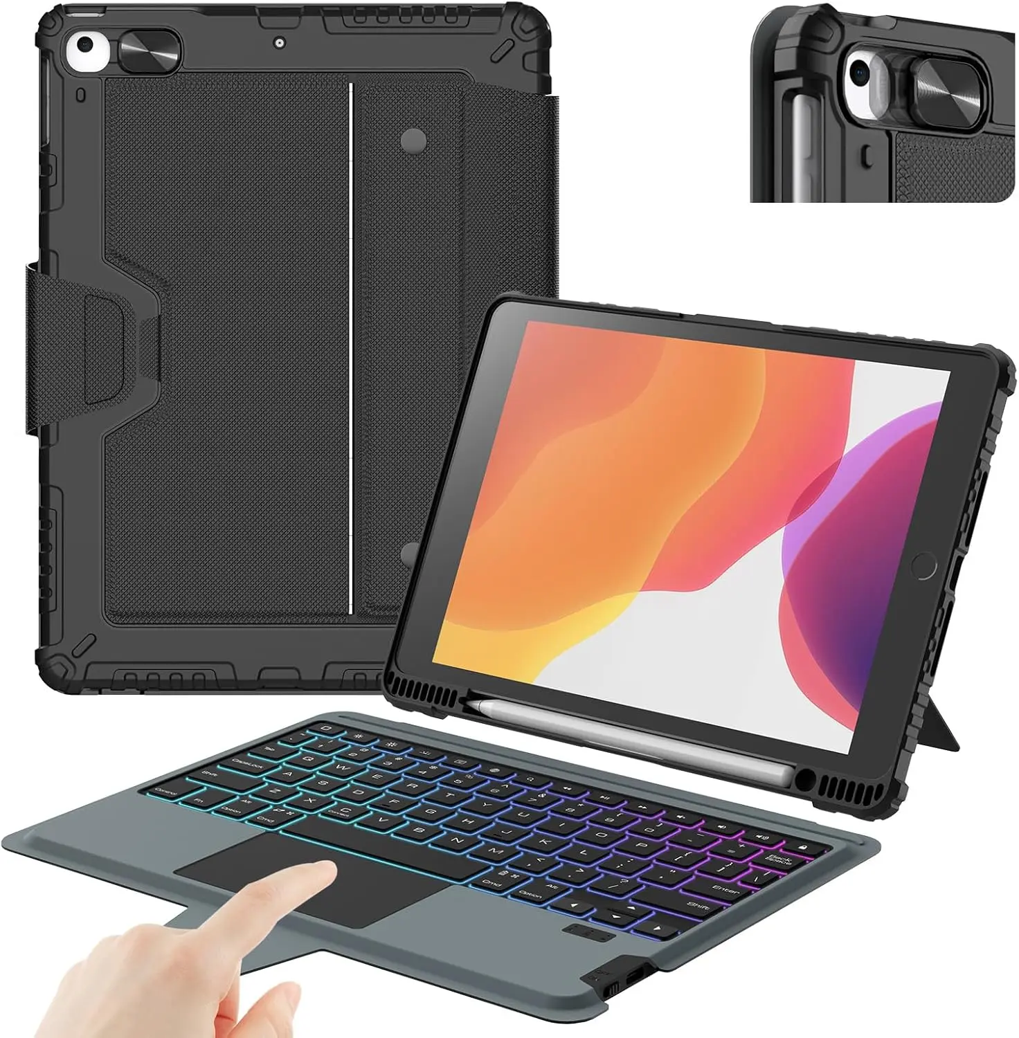 

iPad 9th/8th/7th Gen 10.2" Case with Detachable Keyboard, Magic Trackpad, 7-Color Backlit, Portrait/Landscape, Rugged Camera Cover, Black