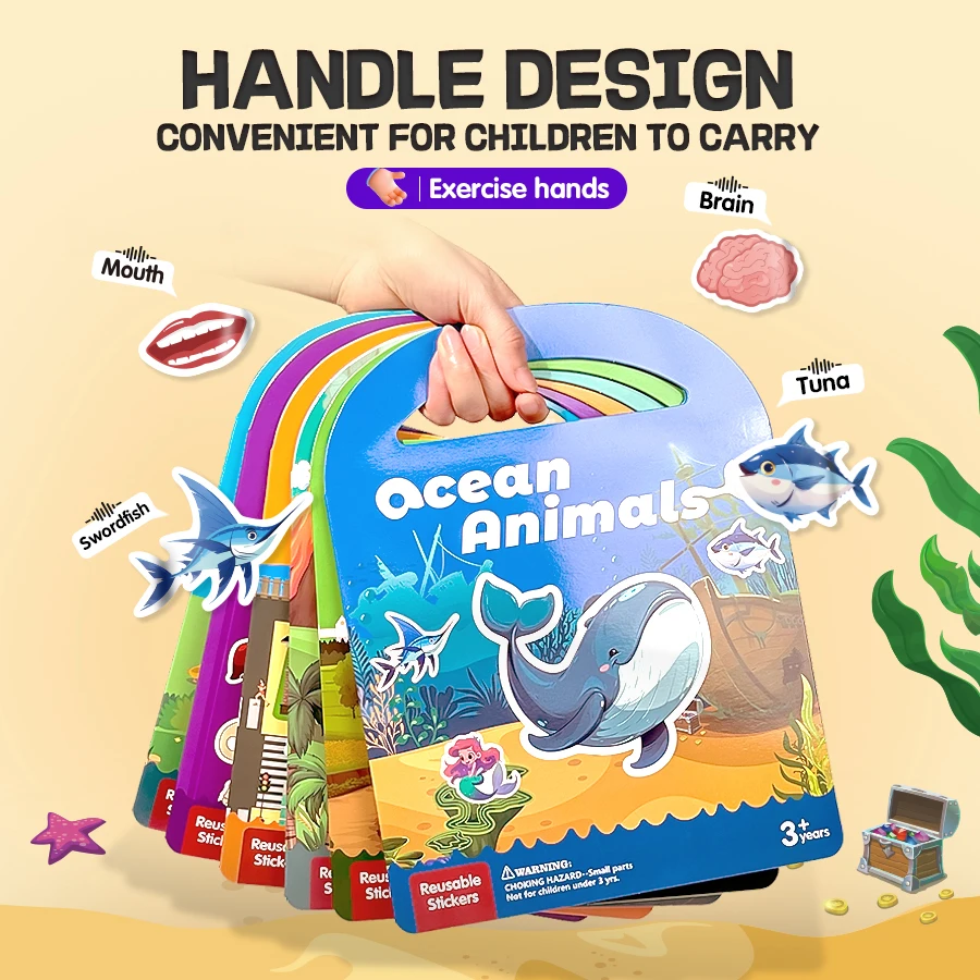 Children\'s Waterproof Cartoon Sticker Toy Book, Washable and Reusable Stickers, Animal, Fruit Garden, Dinosaur, Transportation, Human Body Themed