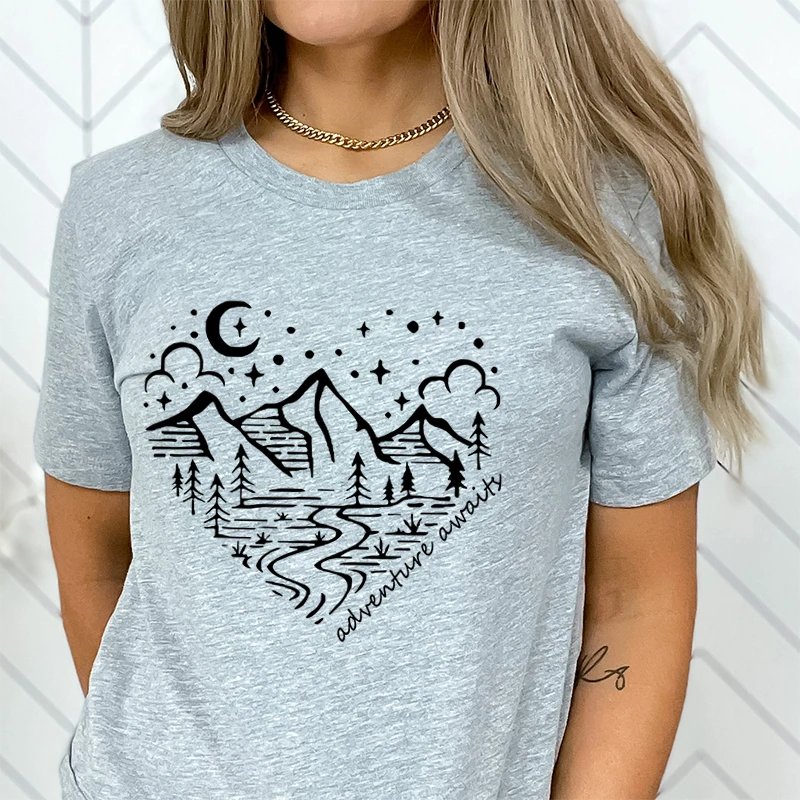 Crew Neck Short Sleeve T-shirt Women Mountain Hiking Gifts Funny Camping Shirt Adventure Awaits Outdoor Graphic T Shirts Women