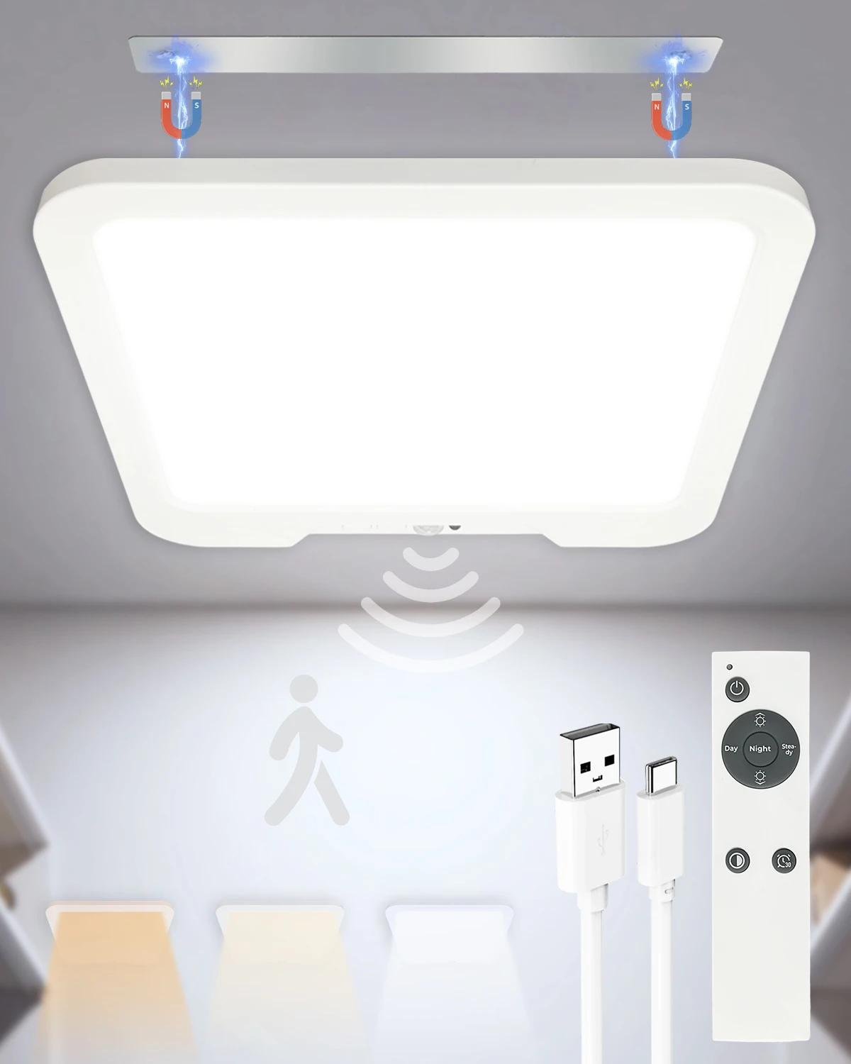 Rechargeable Dimmable Ceiling Light USB 5V 3 Colors LED Flush Mount Ultrathin Motion Sensor Ceiling Lamp Remote Control Timer