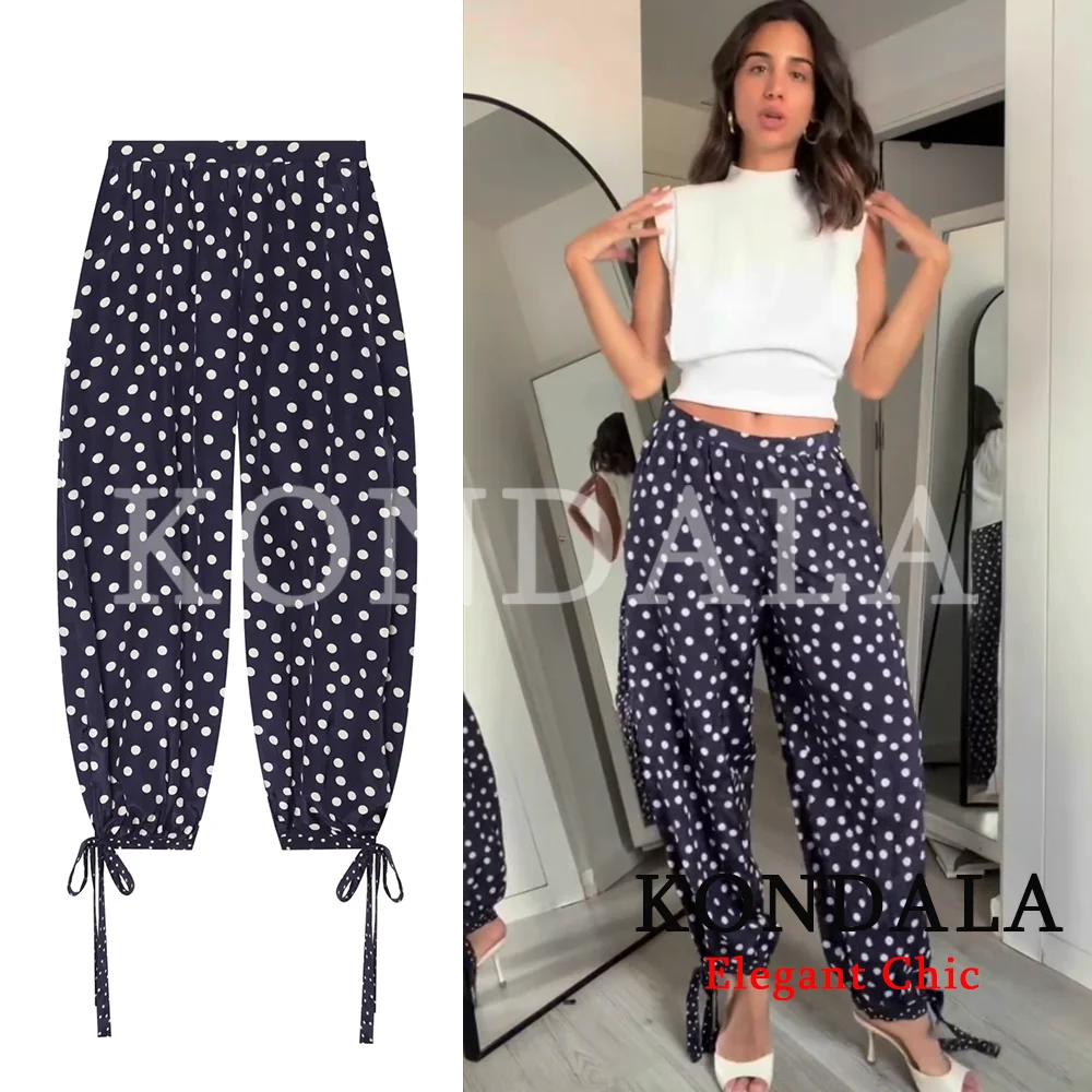 KONDALA Pantalon Femme Vintage Tendance à Pois, Style Bloomers, avec Fermeture Éclair et Lacets, Nouvelle Mode Été 2026, Décontracté pour les Vacances, Style Y2K
