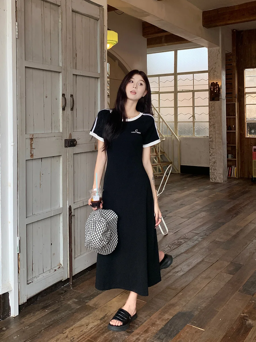 Women Cotton T-shirt Dresses Summer Female O Neck Short Sleeve Large Size L-3XL Elegant A Line Letter Printed Black Long Vestido