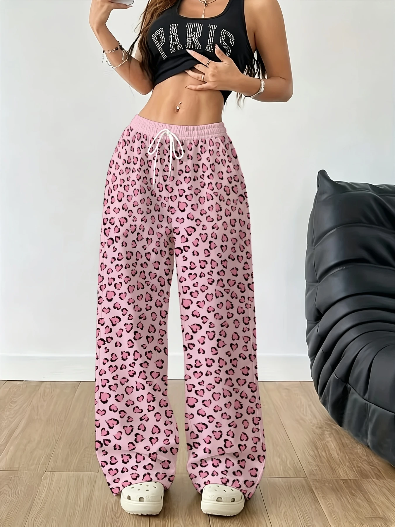 Y2K Leopardenmuster Weite Hose für Damen und Herren, Elastische Hochgeschnittene Hose, Street-Trend Lose Freizeithose – Detail 4