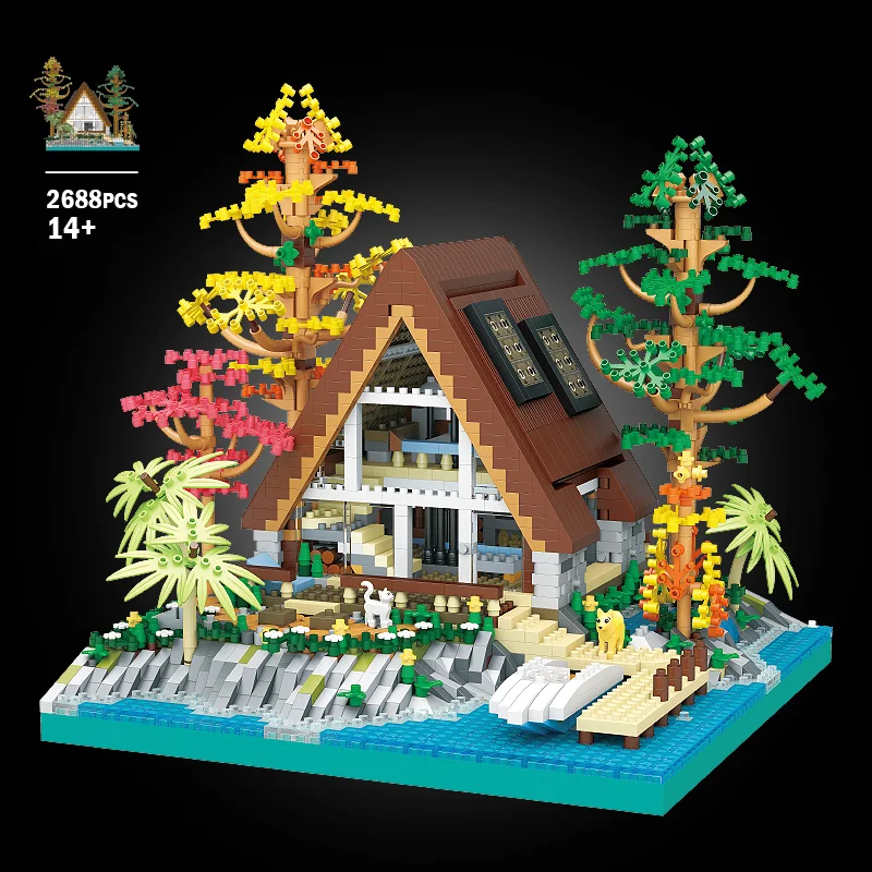 Lake Island Building Block Puzzle Toys para crianças, casa de madeira, micro partículas, Street View, montagem, construção, crianças