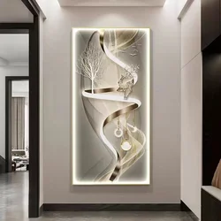 Living room decoration painting, modern minimalist high-end feeling, illuminated corridor with hanging paintings and lights