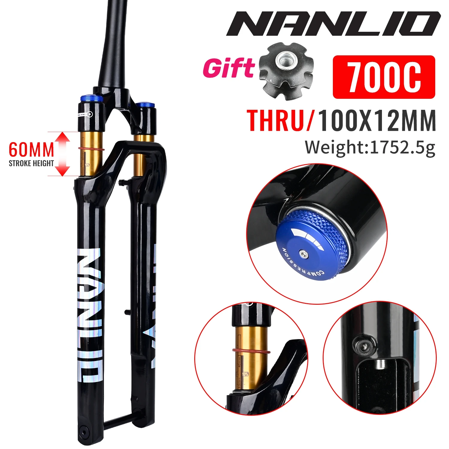 Nanlio الحصى دراجة شوكة تعليق 700C الهواء الغاز الشوك 45 مللي متر إزاحة 60 مللي متر السفر الطريق دراجة مدبب 100x12 مللي متر من خلال المحور القرص