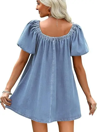 Summer New Square-neck Bubble Short-sleeved Lace-up Denim Dress. A Loose, Solid-colored Casual Short Pullover Dress for Women - view 6